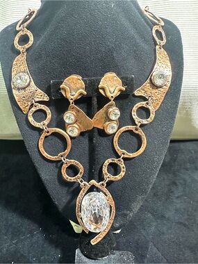 NOS Vtg Bronze & Glass Rivoli Glass Rhinestone Necklace& Earring Set